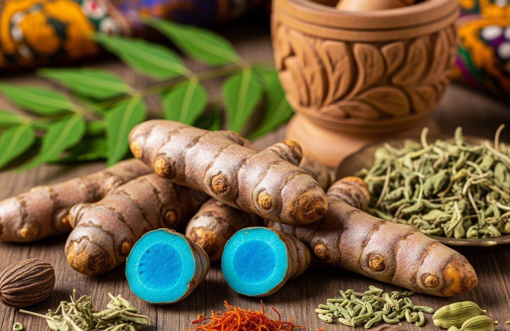 Fresh blue turmeric (Curcuma caesia) rhizomes with vibrant blue interior placed on a wooden table alongside Ayurvedic herbs, spices, and a traditional mortar and pestle.