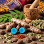 Fresh blue turmeric (Curcuma caesia) rhizomes with vibrant blue interior placed on a wooden table alongside Ayurvedic herbs, spices, and a traditional mortar and pestle.