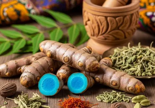 Fresh blue turmeric (Curcuma caesia) rhizomes with vibrant blue interior placed on a wooden table alongside Ayurvedic herbs, spices, and a traditional mortar and pestle.