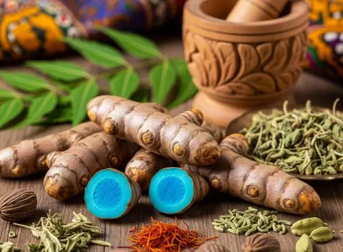 Fresh blue turmeric (Curcuma caesia) rhizomes with vibrant blue interior placed on a wooden table alongside Ayurvedic herbs, spices, and a traditional mortar and pestle.