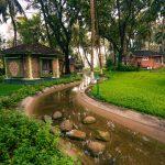 Brick cottage cottages with green trim along a winding water channel surrounded by lush palm trees and manicured lawns