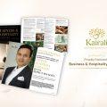 Kairali Ayurvedic Group featured in SV Business & Hospitality Leaders Magazine, showing Executive Director Abhilash K Ramesh on the open magazine spread alongside the Kairali brand logo.