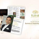 Kairali Ayurvedic Group featured in SV Business & Hospitality Leaders Magazine, showing Executive Director Abhilash K Ramesh on the open magazine spread alongside the Kairali brand logo.