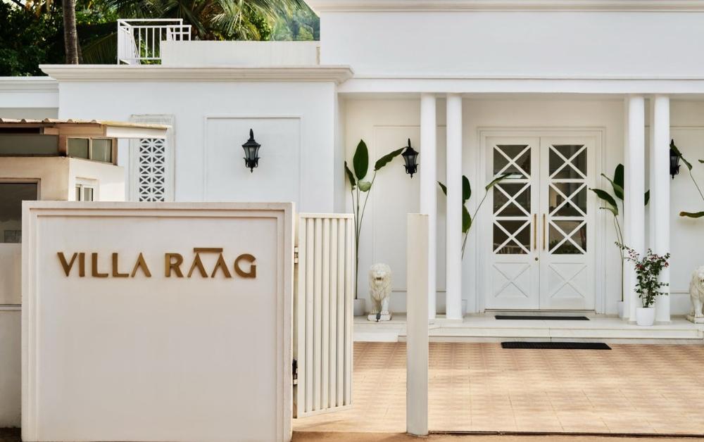 Entrance of Villa Raag, a luxury wellness villa in South Goa with elegant white architecture and tropical surroundings