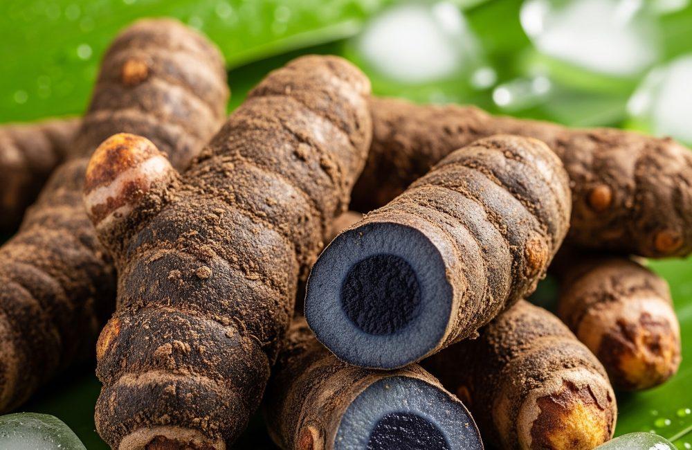 Fresh black turmeric roots displayed on green leaves with ice cubes, highlighting Ayurvedic summer wellness and natural cooling benefits.
