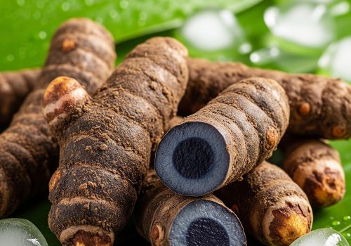 Fresh black turmeric roots displayed on green leaves with ice cubes, highlighting Ayurvedic summer wellness and natural cooling benefits.