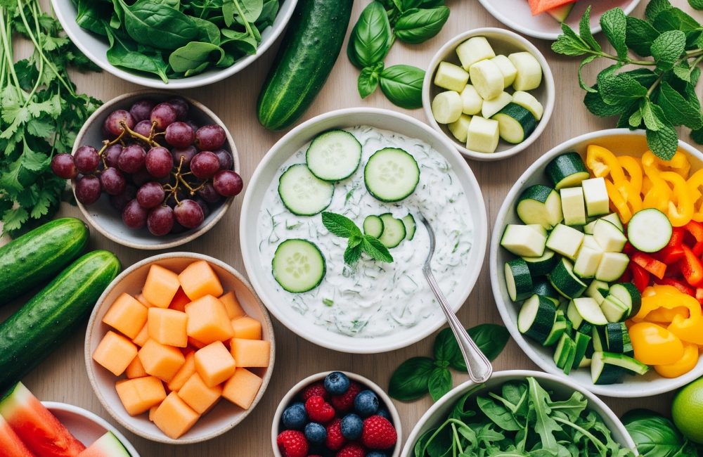 Ayurvedic summer diet for gut health spread with tzatziki, cucumber, watermelon, fresh greens and berries