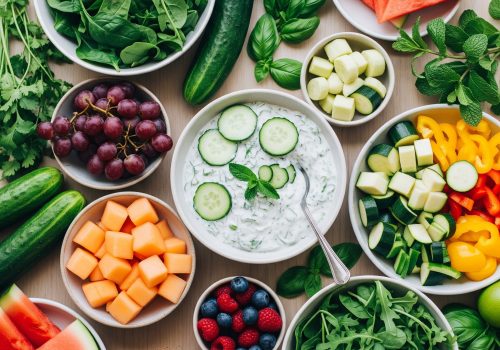 Ayurvedic summer diet for gut health spread with tzatziki, cucumber, watermelon, fresh greens and berries