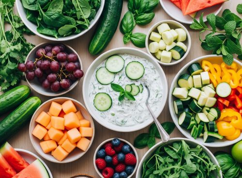 Ayurvedic summer diet for gut health spread with tzatziki, cucumber, watermelon, fresh greens and berries