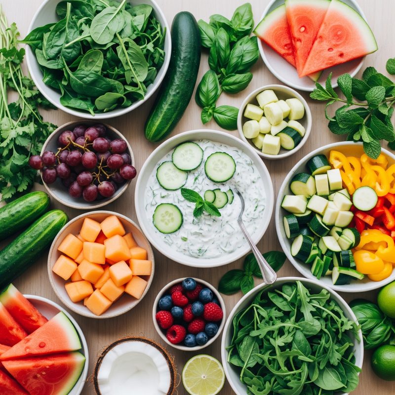 Ayurvedic summer diet for gut health spread with tzatziki, cucumber, watermelon, fresh greens and berries