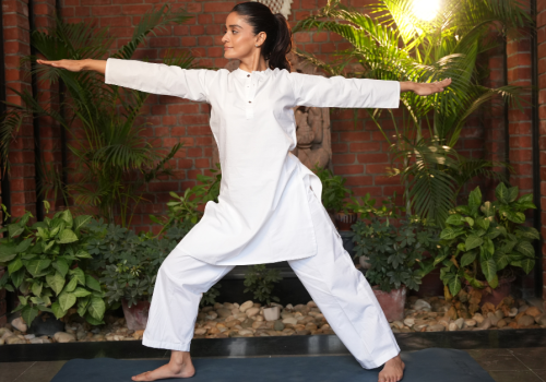 International Yoga Day 2026 yoga session featuring a participant practising a standing yoga posture in a wellness setting