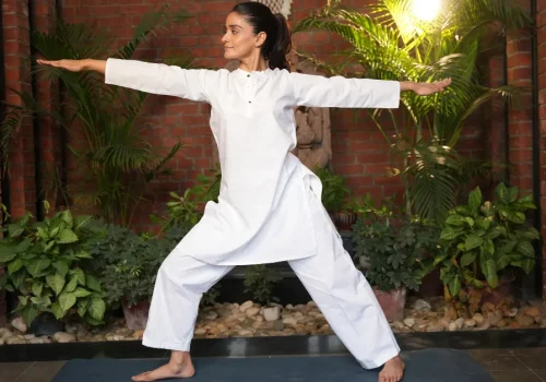 International Yoga Day 2026 yoga session featuring a participant practising a standing yoga posture in a wellness setting