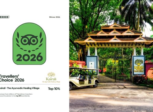 TripAdvisor Travelers’ Choice Award 2026 badge displayed alongside the entrance of Kairali – The Ayurvedic Healing Village in Palakkad, Kerala, recognised among the top 10% of listings worldwide based on traveller reviews.