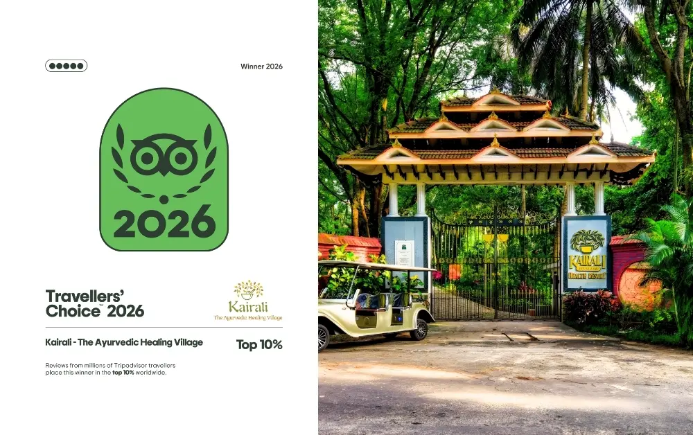 TripAdvisor Travelers’ Choice Award 2026 badge displayed alongside the entrance of Kairali – The Ayurvedic Healing Village in Palakkad, Kerala, recognised among the top 10% of listings worldwide based on traveller reviews.