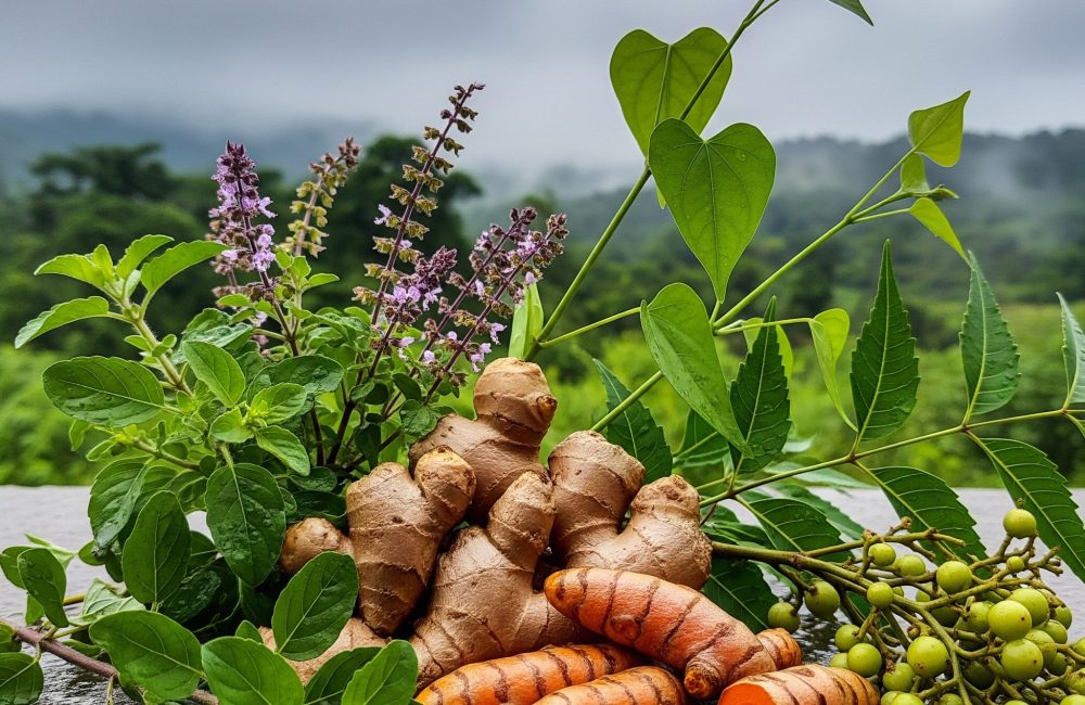 Fresh turmeric and ginger rhizomes with tulsi flowers, giloy vine, neem leaves, and green berries arranged on a wet stone surface against a misty hill backdrop.
