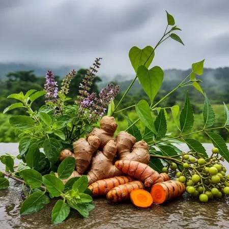 Fresh turmeric and ginger rhizomes with tulsi flowers, giloy vine, neem leaves, and green berries arranged on a wet stone surface against a misty hill backdrop.