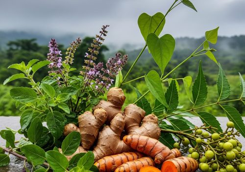 Fresh turmeric and ginger rhizomes with tulsi flowers, giloy vine, neem leaves, and green berries arranged on a wet stone surface against a misty hill backdrop.