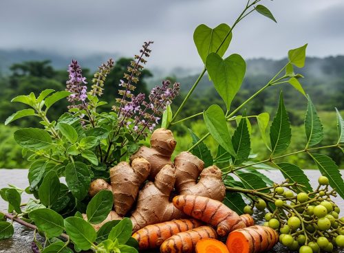 Fresh turmeric and ginger rhizomes with tulsi flowers, giloy vine, neem leaves, and green berries arranged on a wet stone surface against a misty hill backdrop.