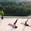 Two people practicing shoulder stand yoga poses on a rooftop terrace surrounded by tropical greenery