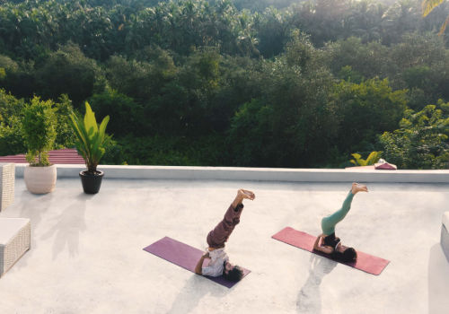Two people practicing shoulder stand yoga poses on a rooftop terrace surrounded by tropical greenery