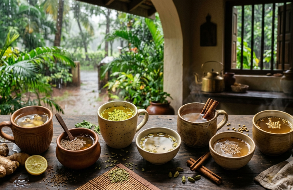 Seven cups of Ayurvedic herbal tea with ginger, fennel, cardamom, cinnamon and other spices on a wooden table during the monsoon.