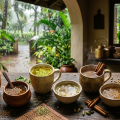 Seven cups of Ayurvedic herbal tea with ginger, fennel, cardamom, cinnamon and other spices on a wooden table during the monsoon.
