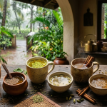 Seven cups of Ayurvedic herbal tea with ginger, fennel, cardamom, cinnamon and other spices on a wooden table during the monsoon.