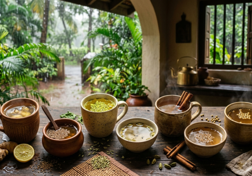 Seven cups of Ayurvedic herbal tea with ginger, fennel, cardamom, cinnamon and other spices on a wooden table during the monsoon.
