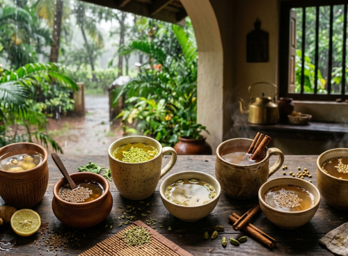 Seven cups of Ayurvedic herbal tea with ginger, fennel, cardamom, cinnamon and other spices on a wooden table during the monsoon.