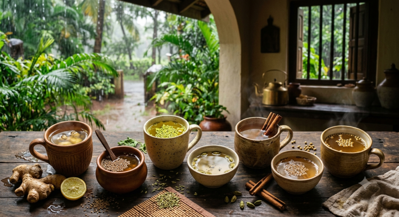 Seven cups of Ayurvedic herbal tea with ginger, fennel, cardamom, cinnamon and other spices on a wooden table during the monsoon.