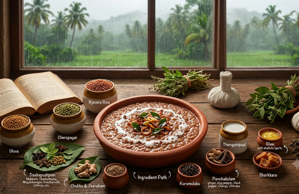 A bowl of Karkidaka Kanji served on a wooden table with traditional rice, herbs and spices, set against a rain-soaked Kerala landscape.