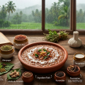 A bowl of Karkidaka Kanji served on a wooden table with traditional rice, herbs and spices, set against a rain-soaked Kerala landscape.