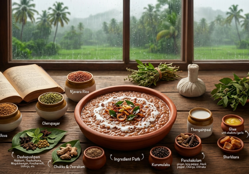 A bowl of Karkidaka Kanji served on a wooden table with traditional rice, herbs and spices, set against a rain-soaked Kerala landscape.