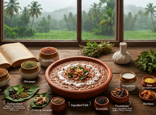 A bowl of Karkidaka Kanji served on a wooden table with traditional rice, herbs and spices, set against a rain-soaked Kerala landscape.