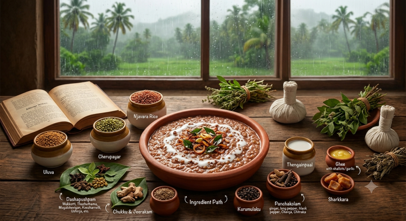 A bowl of Karkidaka Kanji served on a wooden table with traditional rice, herbs and spices, set against a rain-soaked Kerala landscape.