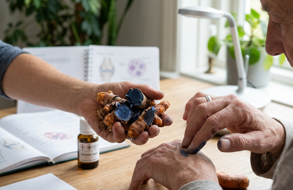 Blue turmeric for joint health shown during a discussion about joint care, with fresh Curcuma caesia rhizomes beside an older adult.