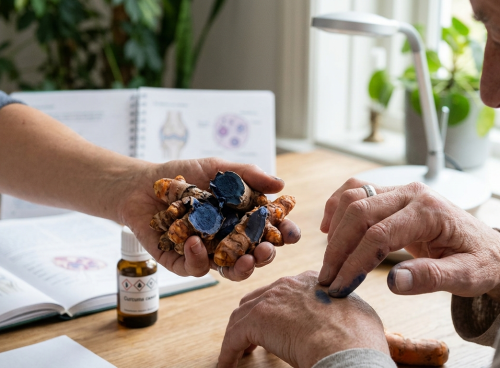 Blue turmeric for joint health shown during a discussion about joint care, with fresh Curcuma caesia rhizomes beside an older adult.