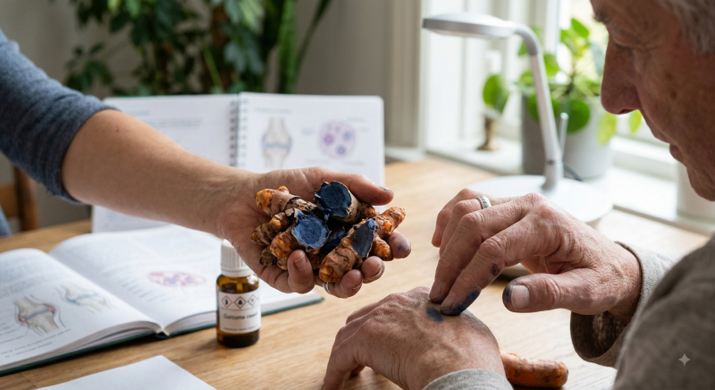 Blue turmeric for joint health shown during a discussion about joint care, with fresh Curcuma caesia rhizomes beside an older adult.