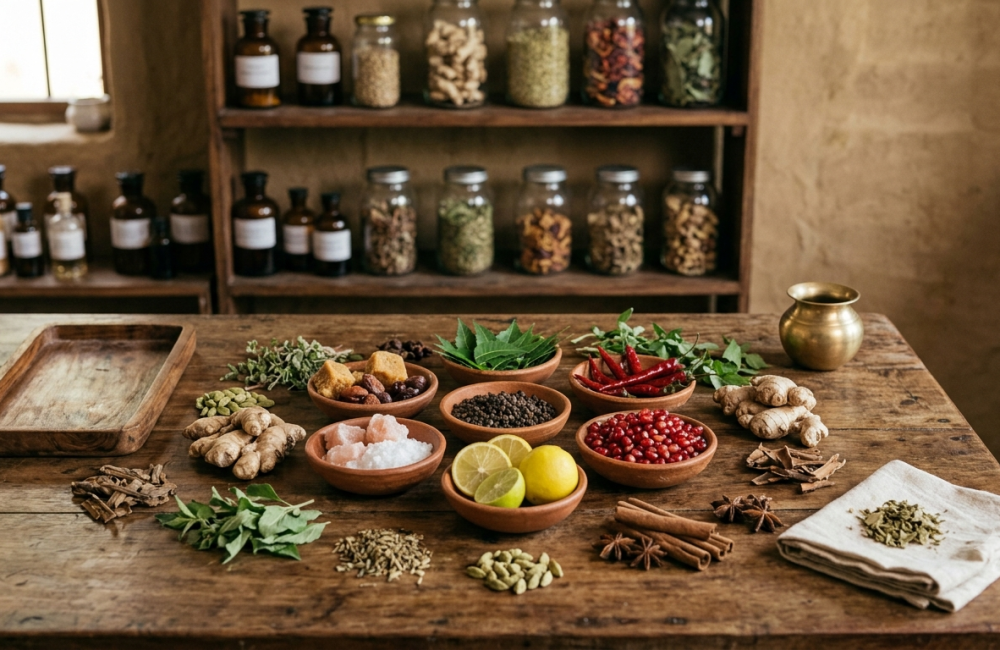 Ayurvedic herbs, spices, lemon, salt, ginger and other ingredients arranged on a wooden table in a traditional herbal preparation setting.