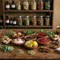 Ayurvedic herbs, spices, lemon, salt, ginger and other ingredients arranged on a wooden table in a traditional herbal preparation setting.