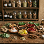 Ayurvedic herbs, spices, lemon, salt, ginger and other ingredients arranged on a wooden table in a traditional herbal preparation setting.