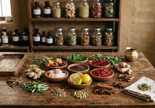Ayurvedic herbs, spices, lemon, salt, ginger and other ingredients arranged on a wooden table in a traditional herbal preparation setting.