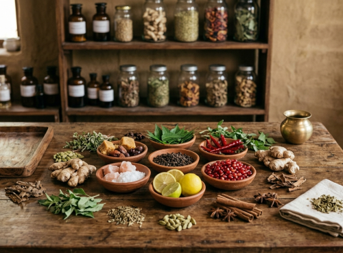 Ayurvedic herbs, spices, lemon, salt, ginger and other ingredients arranged on a wooden table in a traditional herbal preparation setting.