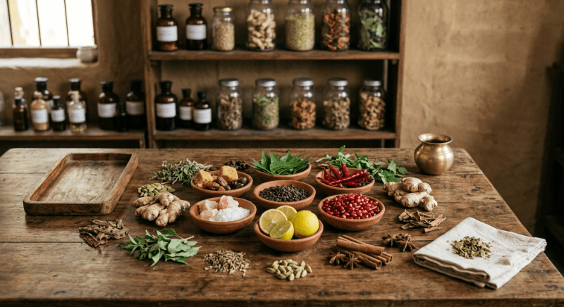 Ayurvedic herbs, spices, lemon, salt, ginger and other ingredients arranged on a wooden table in a traditional herbal preparation setting.