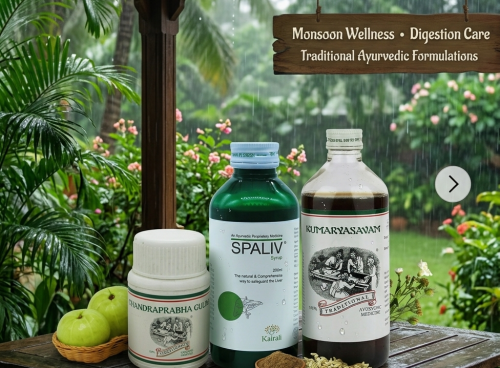 Kairali Spaliv, Kumaryasavam and Chandraprabha Gulika featured for Ayurveda for monsoon digestion during the rainy season.