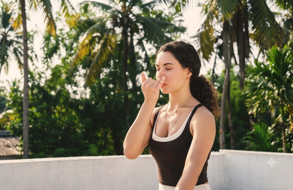 Woman practising alternate-nostril breathing outdoors at a tropical wellness retreat.