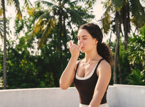 Woman practising alternate-nostril breathing outdoors at a tropical wellness retreat.