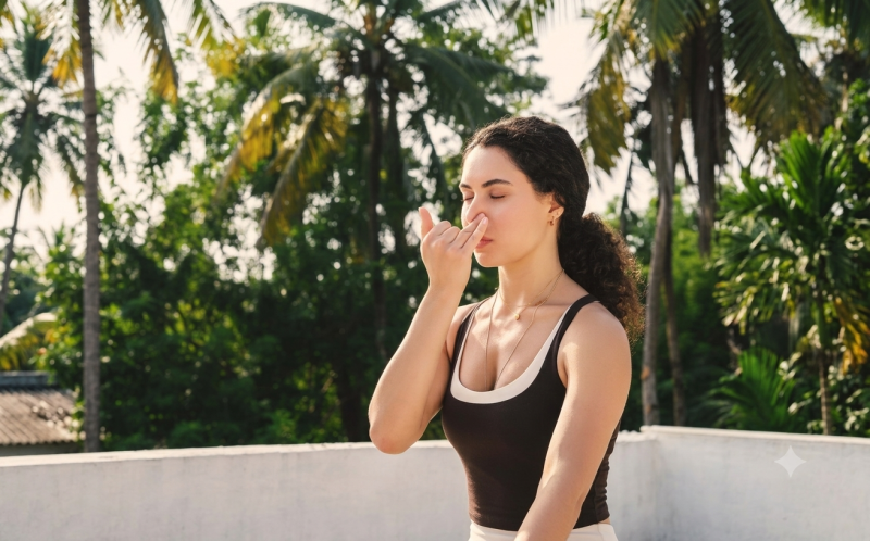 Woman practising alternate-nostril breathing outdoors at a tropical wellness retreat.