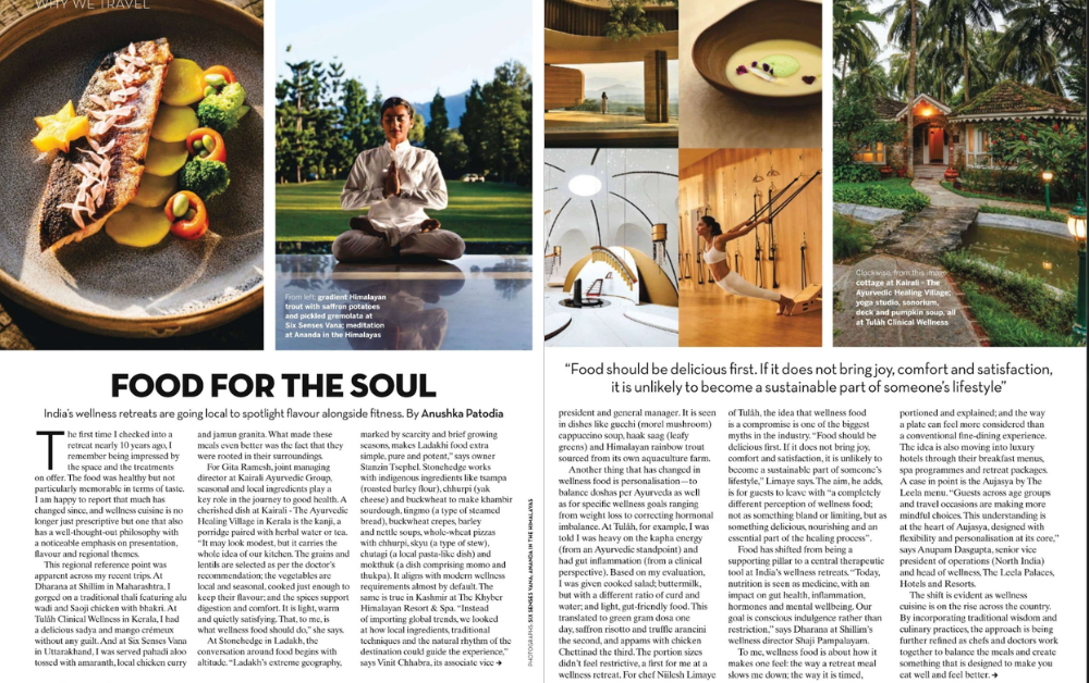 Condé Nast Traveller feature on Ayurvedic food and wellness retreats in India, including Kairali, The Ayurvedic Healing Village.