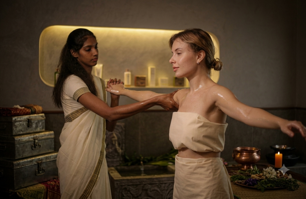 Ayurveda and Yoga in patient-centered healthcare, with an Ayurvedic practitioner guiding a guest during a supervised oil therapy session.